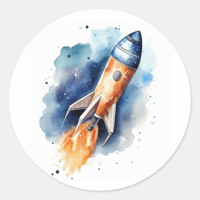 Watercolor Rocketship flying through stars Classic Round Sticker (Front)