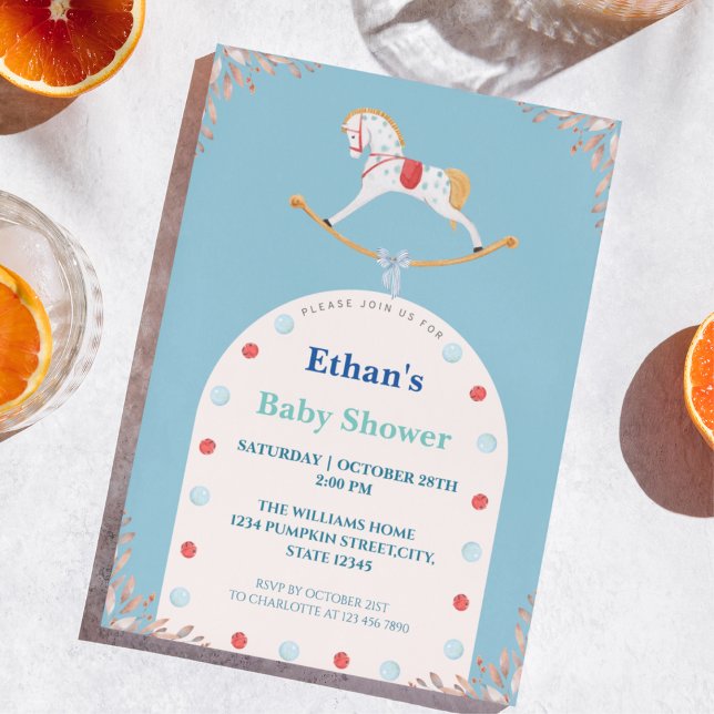 Watercolor Rocking Horse Blue Baby Shower Invitation (Creator Uploaded)