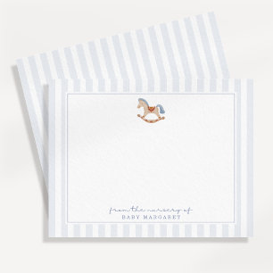 Watercolor Rocking Horse Blue Stripe Nursery Note Invitation