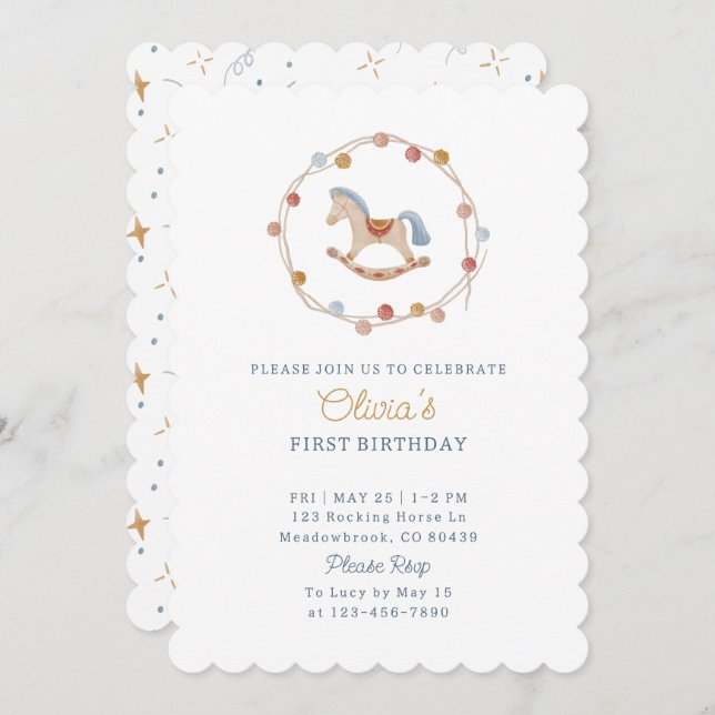 Watercolor, rocking horse, pom-poms,  birdthday  invitation (Front/Back)