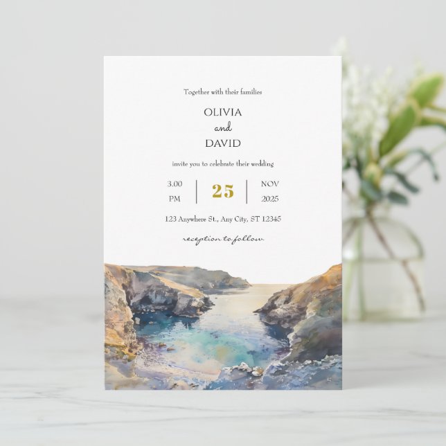 Watercolor Rocky Coastal Sunset Cove Beach Wedding Invitation (Standing Front)