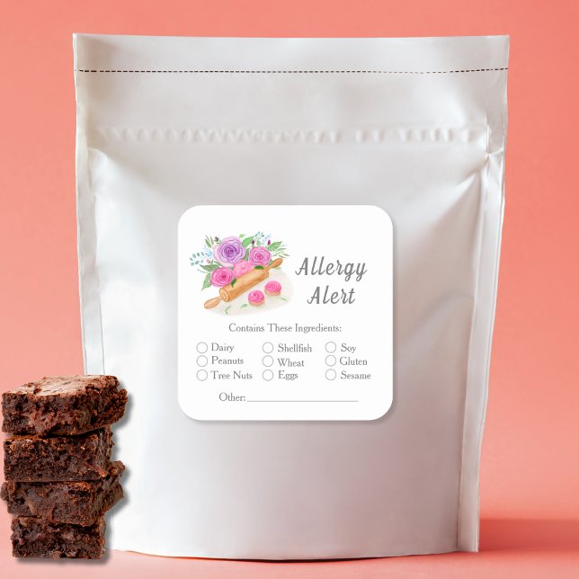 Watercolor Rolling Pin Roses Pastry Allergy Alert Square Sticker (Creator Uploaded)