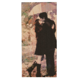 Watercolor Romantic Couple Rainy Day Kiss Art Wood USB Flash Drive