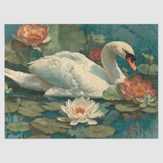 Watercolor Romantic Elegance "Lake Swan" Decoupage Tissue Paper (Front)