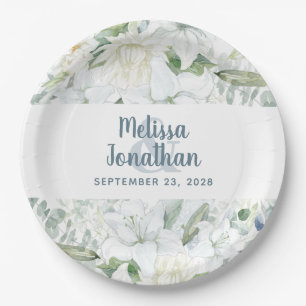 Watercolor romantic floral white flowers wedding paper plate