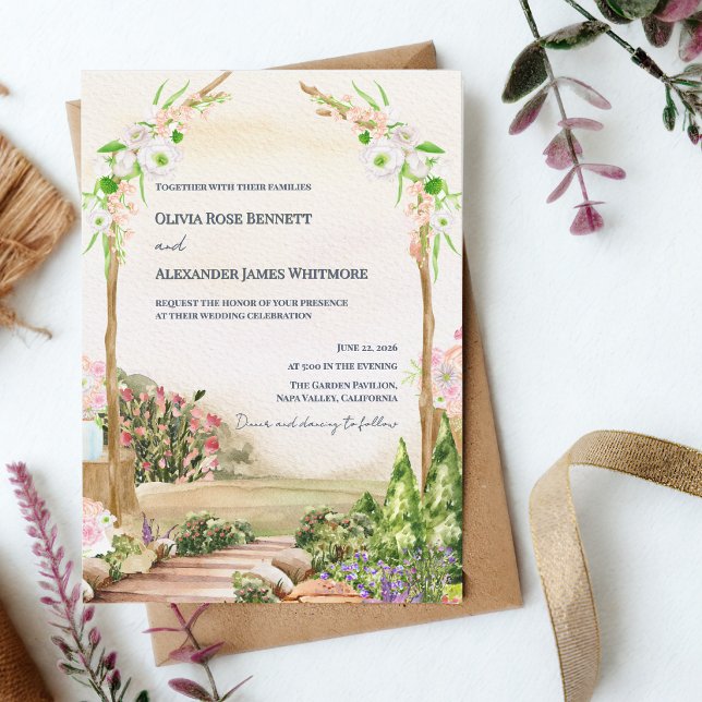 Watercolor Romantic Garden Arch Outdoor Wedding  Invitation (Watercolor Garden Arch Wedding Invitation Romantic Outdoor Floral Wedding Invite)