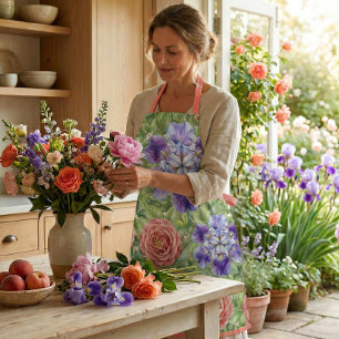 Watercolor Romantic Garden Rose Iris Peony Apron