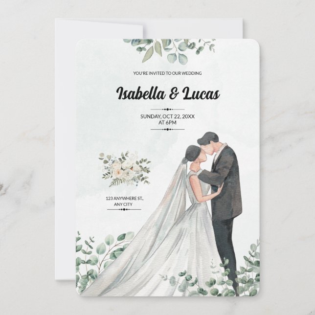 Watercolor Romantic Kissing Couple Wedding Invitation (Front)