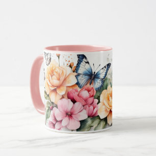 Watercolor Romantic Pink Butterfly Flower Mug