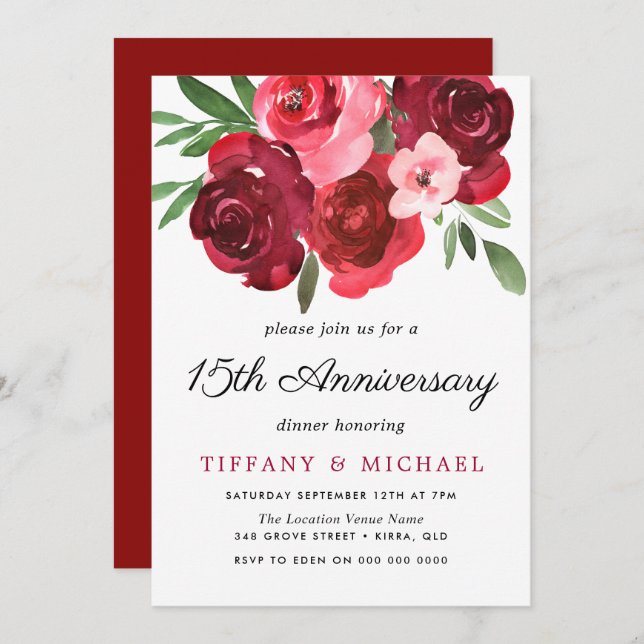 Watercolor Romantic Red Roses 15th Anniversary Invitation (Front/Back)