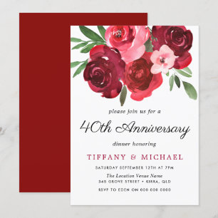 Watercolor Romantic Red Roses 40th Anniversary Invitation