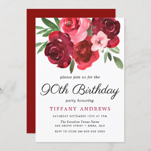 Watercolor Romantic Red Roses 90th Birthday Party Invitation