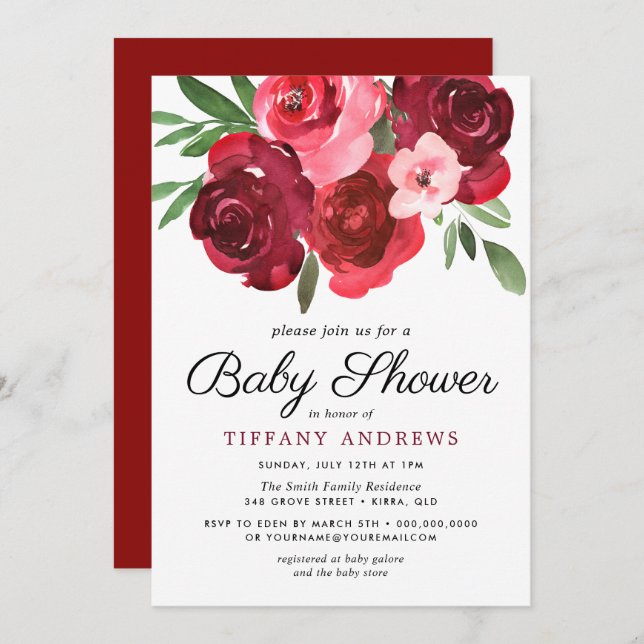 Watercolor Romantic Red Roses Baby Shower Invite (Front/Back)