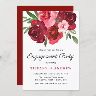 Watercolor Romantic Red Roses Engagement Party Invitation
