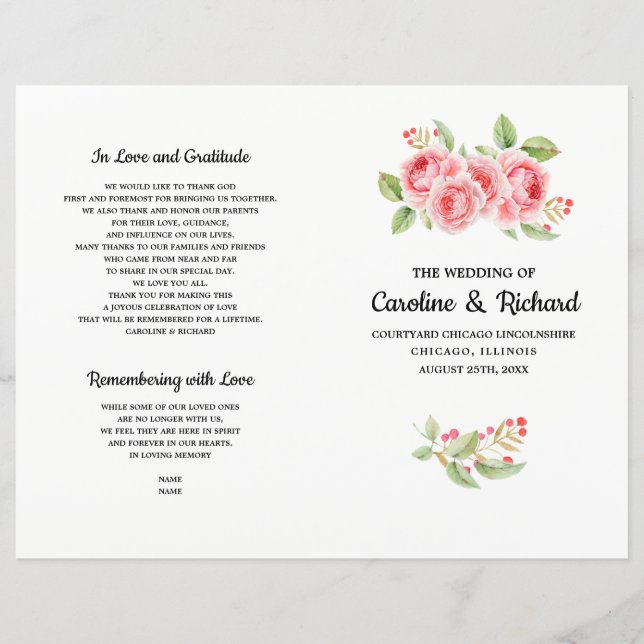 Watercolor Romantic Roses Folded Wedding Program (Front)
