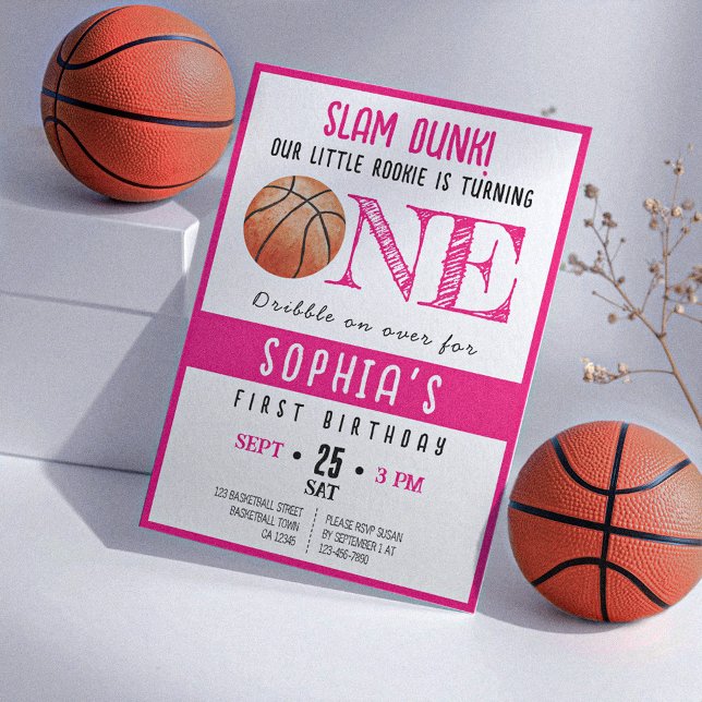 Watercolor Rookie Basketball Girl 1st Birthday Invitation (Creator Uploaded)
