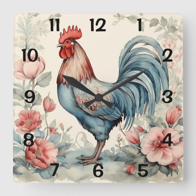 Watercolor Rooster and Flowers  Square Wall Clock (Front)