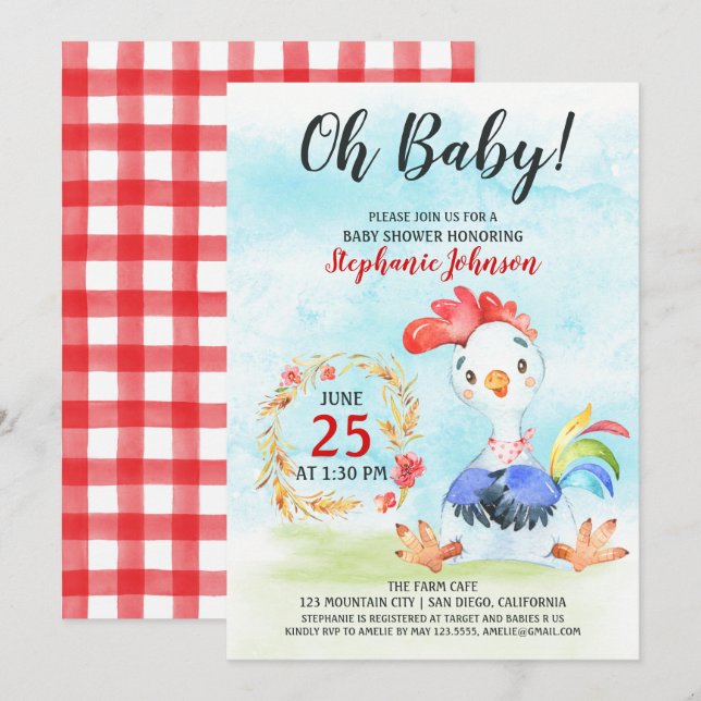 Watercolor Rooster Baby Shower Farm Invitation (Front/Back)