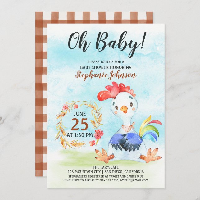 Watercolor Rooster Baby Shower Farm Invitation (Front/Back)