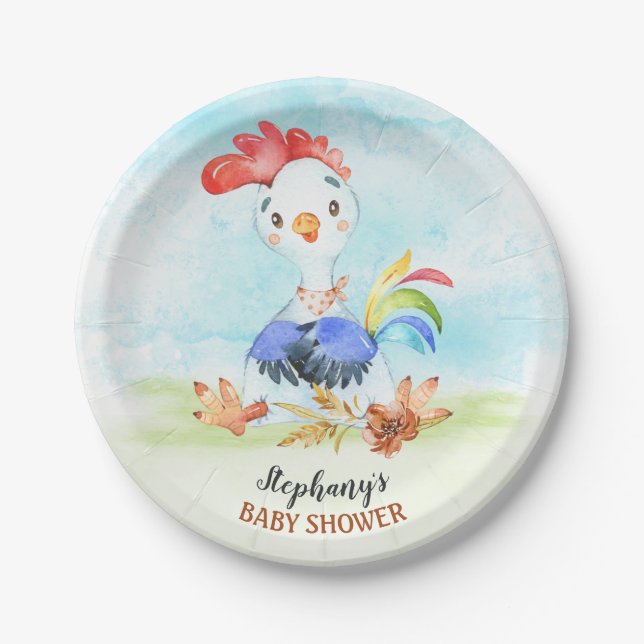 Watercolor Rooster Baby Shower Farm Paper Plate (Front)