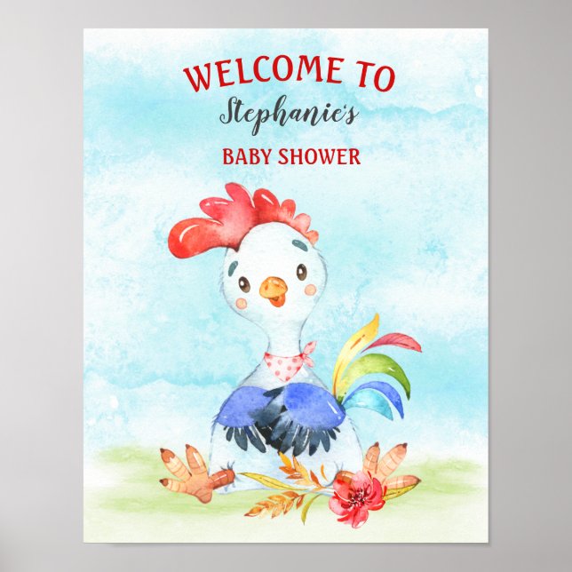 Watercolor Rooster Baby Shower Farm Poster (Front)