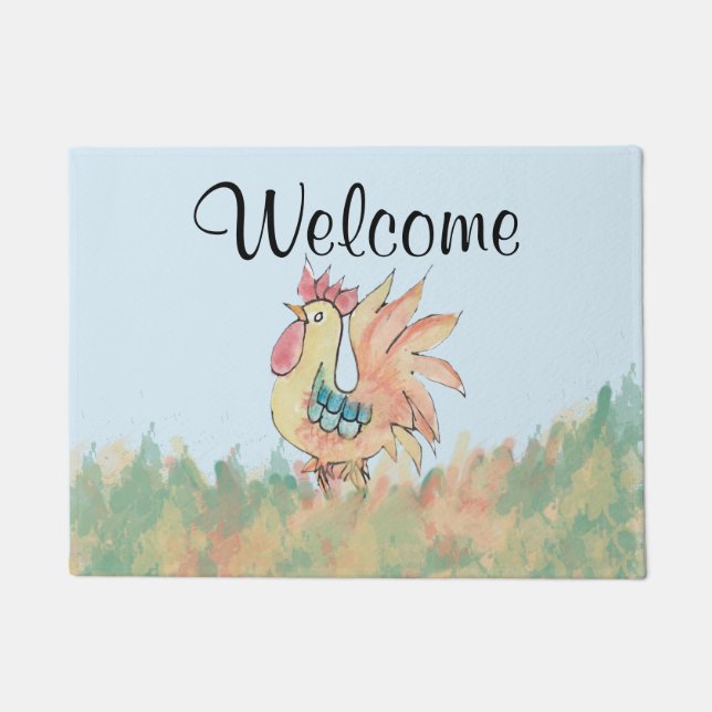 Watercolor Rooster Doormat (Front)
