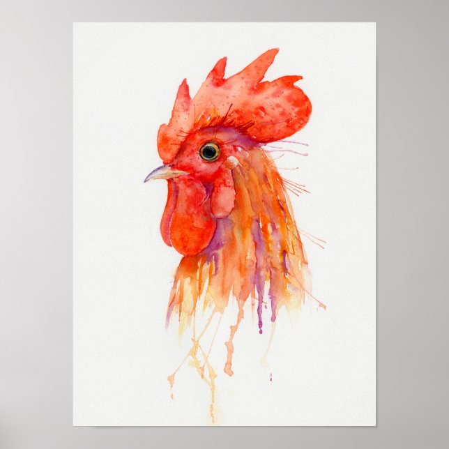Watercolor Rooster Portrait Golden Rooster Poster (Front)