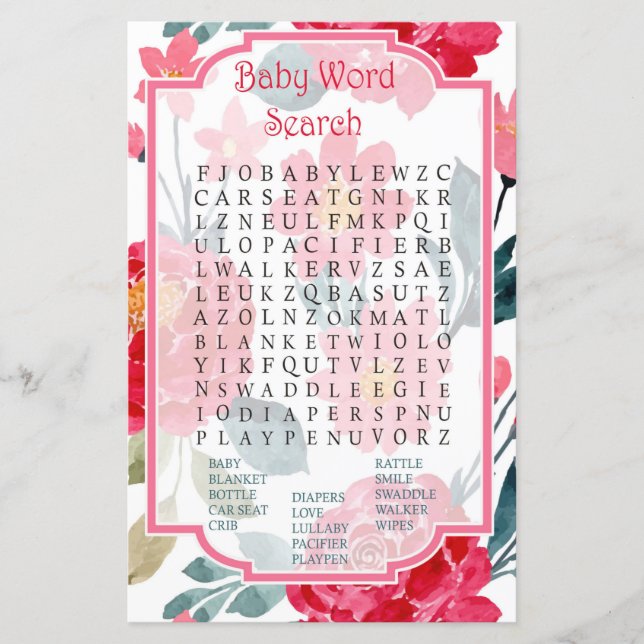 Watercolor rose Baby Shower Word Search Game (Front)