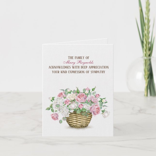 Watercolor Rose Basket Sympathy Thank You    Card (Front)