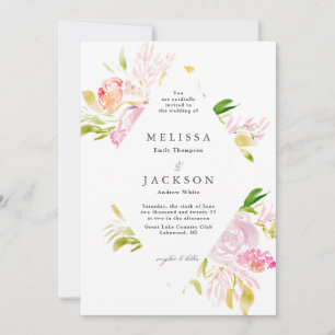 Watercolor Rose Bouquet Diamond Wedding Invitation