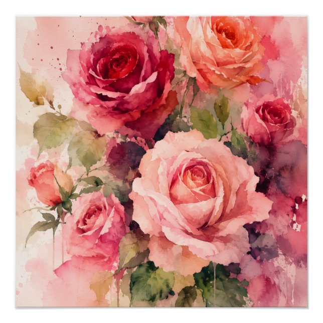 Watercolor Rose Bouquet Wall Art Print (Front)