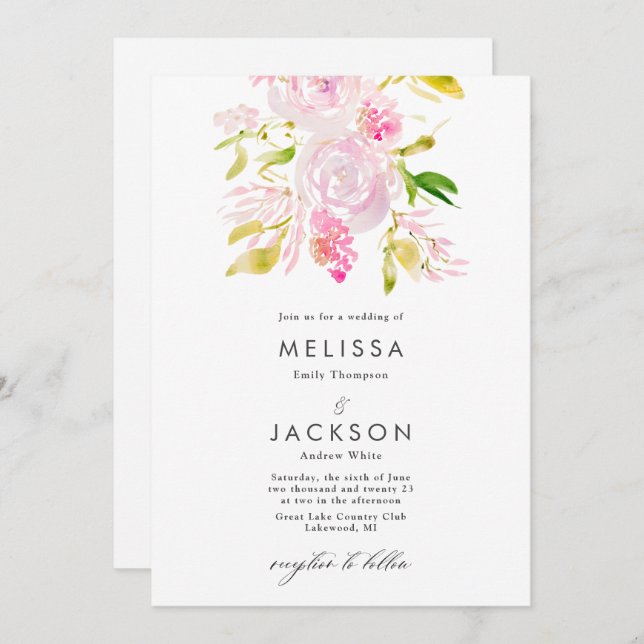 Watercolor Rose bouquet  Wedding Invitation (Front/Back)