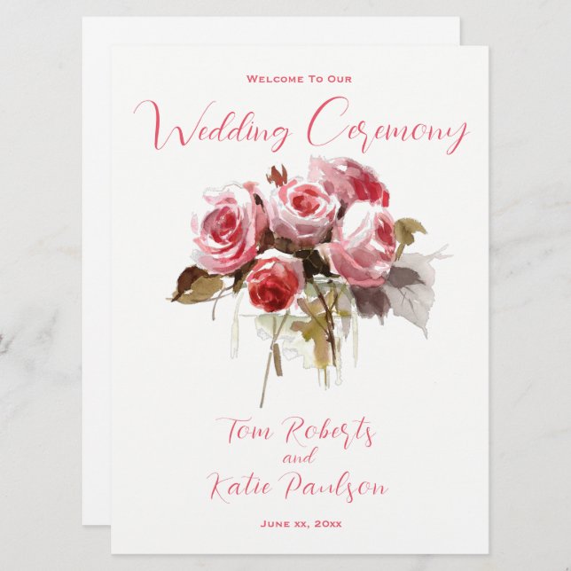Watercolor Rose Bouquet Wedding  Program (Front/Back)