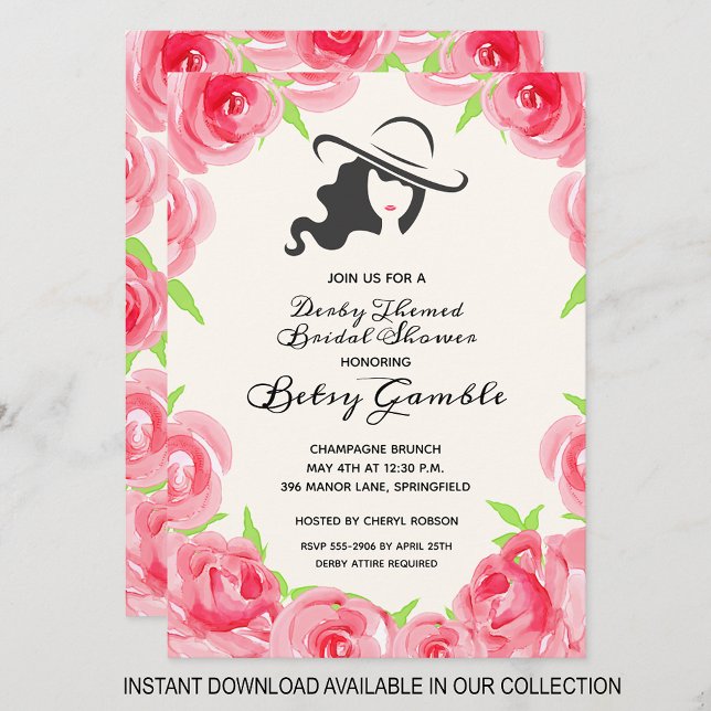 Watercolor Rose Derby Bridal Shower Invitations (INSTANT DOWNLOAD available in our collection to send your invitations digitally.
)