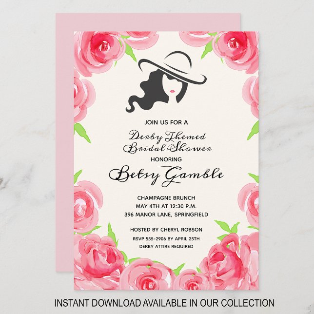 Watercolor Rose Derby Bridal Shower Invitations (INSTANT DOWNLOAD available in our collection to send your invitations digitally.)