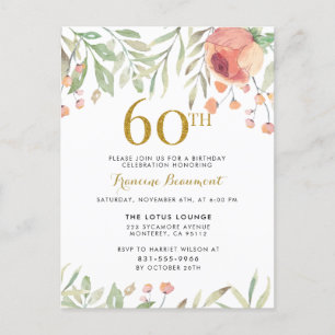 Watercolor Rose & Elegant Script 60th Birthday Invitation Postcard