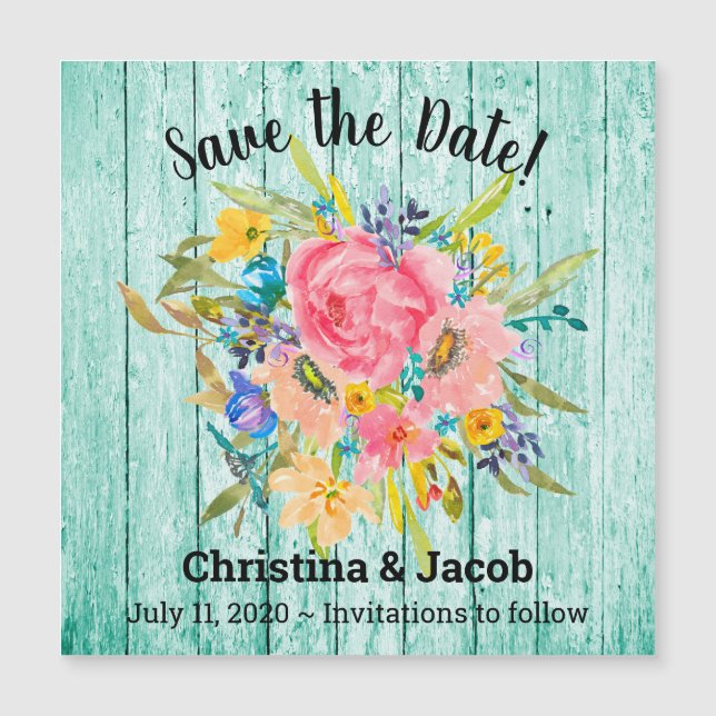 Watercolor Rose Floral Bouquet Aqua Save the Date (Front)