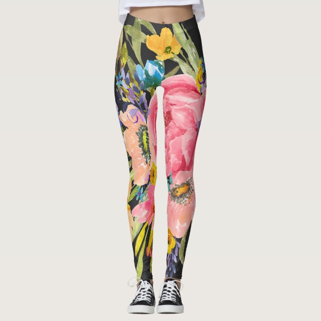 Watercolor Rose Floral Bouquet Leggings (Front)