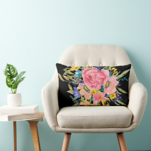 Watercolor Rose Floral Bouquet Lumbar Cushion