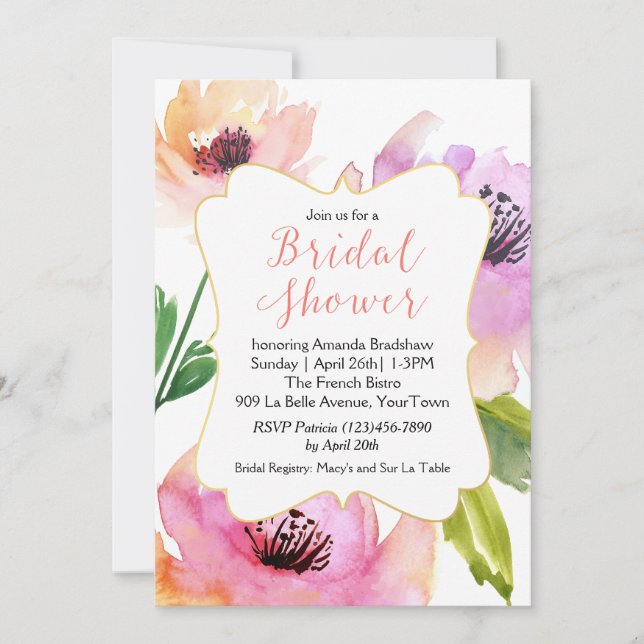 Watercolor Rose Floral Bridal Shower Invitation (Front)