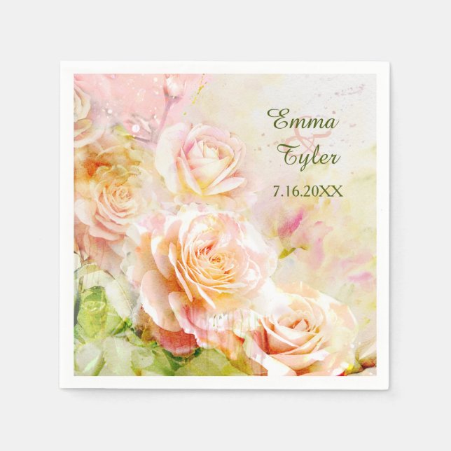 Watercolor Rose Floral Paper Napkins (Front)
