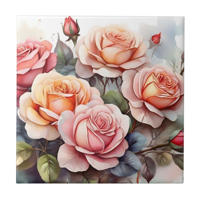 Watercolor Rose Floral Romantic Ceramic Tile (Front)