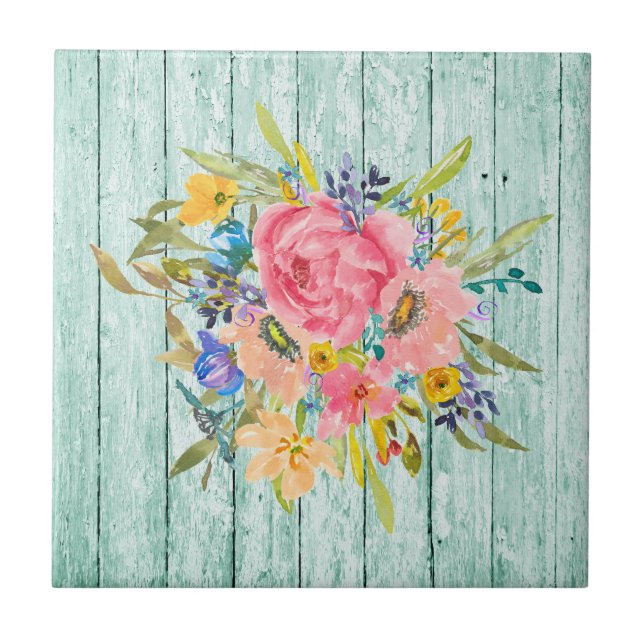 Watercolor Rose Floral Spray on Chippy Aqua Ceramic Tile (Front)