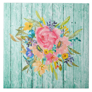 Watercolor Rose Floral Spray on Chippy Aqua Ceramic Tile