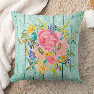 Watercolor Rose Floral Spray on Chippy Aqua Cushion