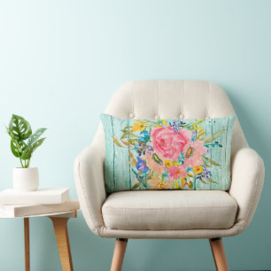 Watercolor Rose Floral Spray on Chippy Aqua Lumbar Cushion