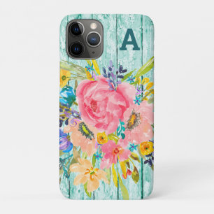Watercolor Rose Floral Spray with Initial iPhone 11 Pro Case