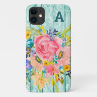 Watercolor Rose Floral Spray with Initial