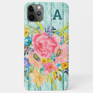 Watercolor Rose Floral Spray with Initial iPhone 11 Pro Max Case