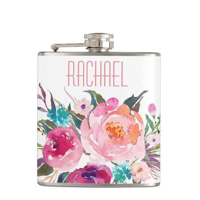 Watercolor Rose Floral with Name Hip Flask (Front)